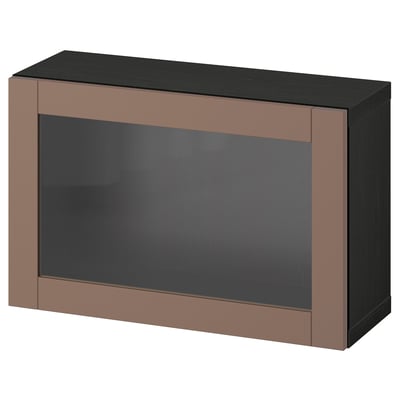 An ikea BESTÅ storage unit in brown with a dark glass door, rectangular shape, and sleek design.