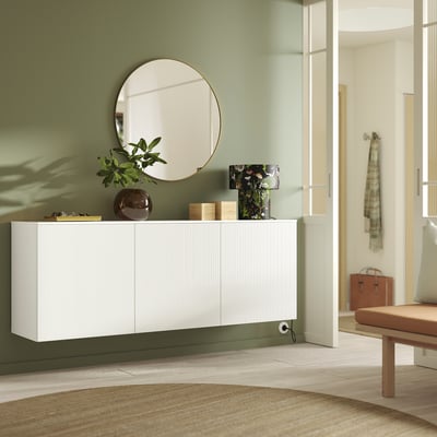 BESTÅ Wall-mounted cabinet combination, white Förvaltare/white high-gloss white, 180x42x65 cm