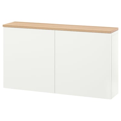 White BESTÅ storage unit with oak top, rectangular shape.