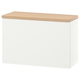 A BESTÅ storage unit, white with a wooden top, rectangular, and minimalist design.
