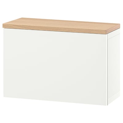 A BESTÅ storage unit, white with a wooden top, rectangular, and minimalist design.