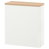 A white BESTÅ storage cabinet. Its rectangular, with a wooden top. Made of particleboard and covered in white foil.