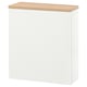 Option: A white BESTÅ storage cabinet. Its rectangular, with a wooden top. Made of particleboard and covered in white foil.