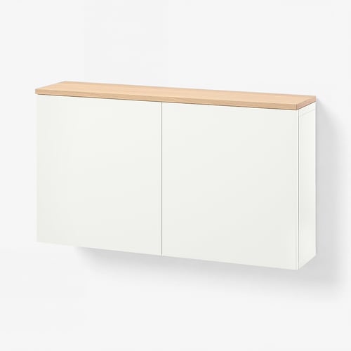 BESTÅ Wall-mounted cabinet combination, white Lappviken/oak veneer, 120x22x66 cm