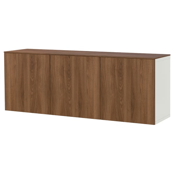 Ikea BESTÅ: wall-mounted shelf unit, white & brown, four wooden doors, modern design.