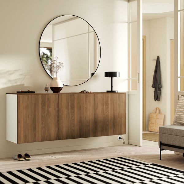 BESTÅ Wall-mounted cabinet combination, white/Lappviken walnut effect, 180x42x65 cm