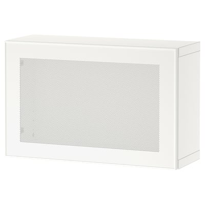 A white BESTÅ storage unit with a perforated metal door. It is a rectangular, modern design for home organization.