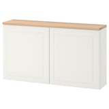 White BESTÅ storage cabinet, wooden top, rectangular, modern design.