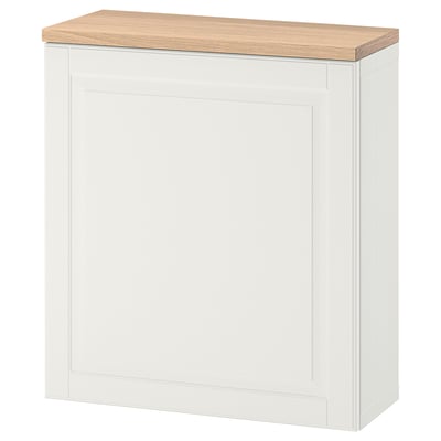 A BESTÅ off-white storage cabinet with a wooden top. It has a sleek, modern design with adjustable shelves.