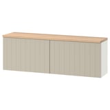 A white ikea BESTÅ storage unit with wooden top, featuring adjustable shelves for customizable home organization.