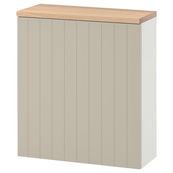 BESTÅ storage unit, beige, rectangular, wood top, vertical grooves.