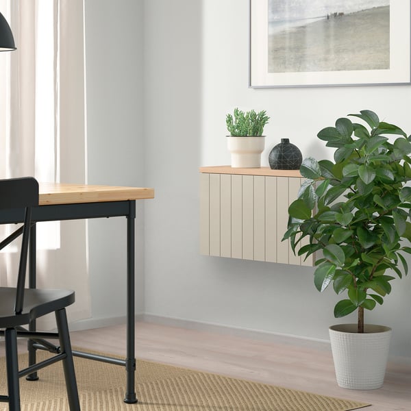 Modern workspace: black desk, chair, BESTÅ storage, green plant, balanced layout.