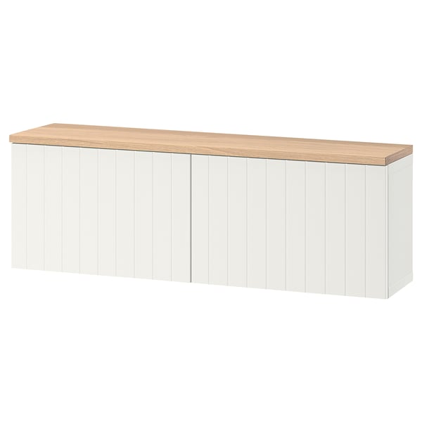 BESTÅ white sideboard, rectangular with wooden top, wall-mounted, modern design, concealed hinges.
