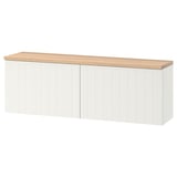 BESTÅ white sideboard, rectangular with wooden top, wall-mounted, modern design, concealed hinges.
