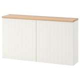 A white BESTÅ storage unit with a wooden top.