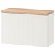White BESTÅ storage unit with oak top, rectangular shape, vertical grooves.