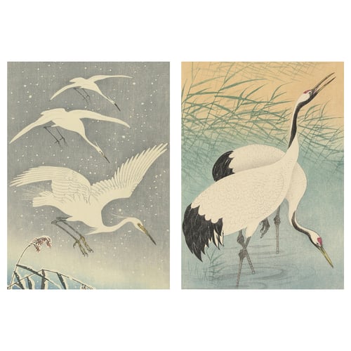 Two japanese prints: cranes flying and standing in nature, muted colours.