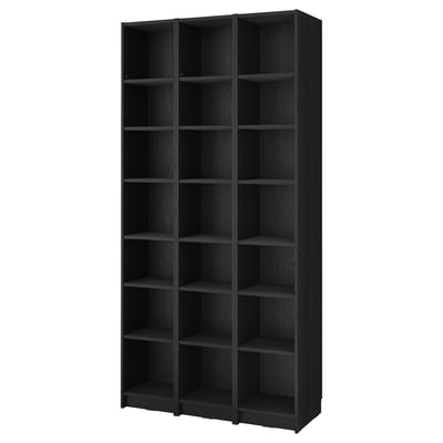 Black BILLY bookcase: tall, wide, wooden with multiple shelves for storage.