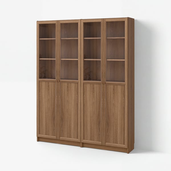 BILLY / OXBERG Bookcase comb w panel/glass doors, brown walnut effect, 160x30x202 cm