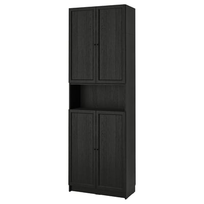 Black BILLY bookcase: tall, slim design with closed wooden doors, offering storage and privacy.