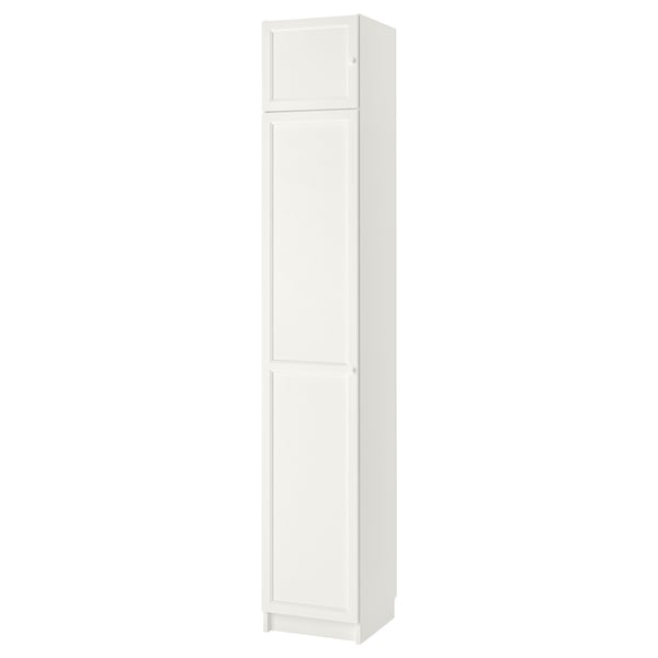 White BILLY tall cabinet, minimalist design, slim rectangular shape, three panel doors, light wood material, perfect for storage.