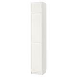 White BILLY tall cabinet, minimalist design, slim rectangular shape, three panel doors, light wood material, perfect for storage.
