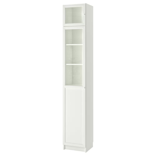White BILLY bookcase with glass doors, tall rectangular shape, adjustable shelves.