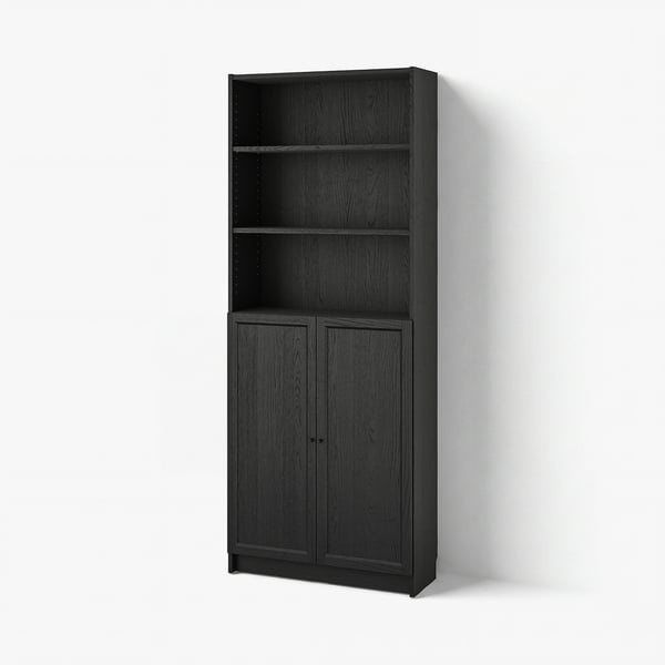 BILLY / OXBERG Bookcase with doors, black oak effect, 80x30x202 cm