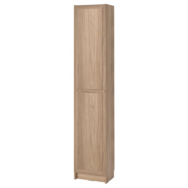 A tall, light brown BILLY bookcase with a single panel door, made from particleboard and fiberboard, featuring a simple and functional design.