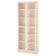 A light beige BILLY bookcase with glass doors. Its rectangular shape has adjustable shelves, and it a simple, timeless design for versatile home use.