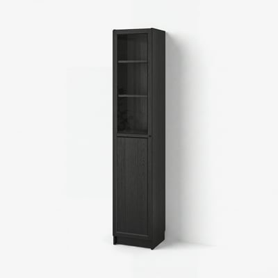 BILLY / OXBERG Bookcase with panel/glass door, black oak effect, 40x41x202 cm