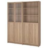 BILLY bookshelf: light brown, wooden, rectangular, multi-door, open shelves.