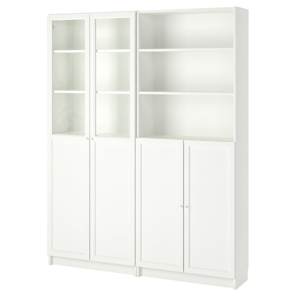 White BILLY bookcase with glass doors, rectangular shape, standard design.