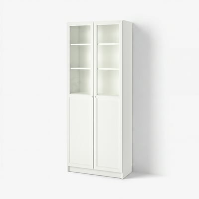 BILLY / OXBERG Bookcase with panel/glass doors, white, 80x41x202 cm