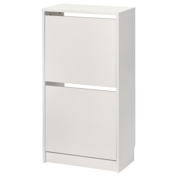 A white BISSA shoe cabinet. This functional piece has two sections for organized storage, with a sleek design suitable for hallways.