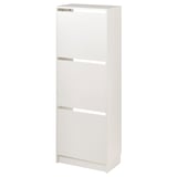 White BISSA shoe cabinet, minimalist design, keeps items organized, stands upright.