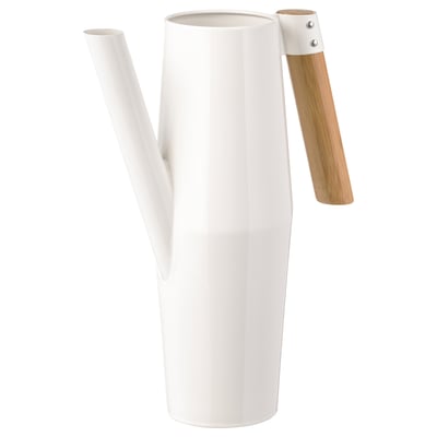 BITTERGURKA white watering can; slim, birch-like shape; bamboo handle; stylish, functional design.