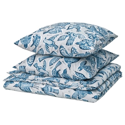 BITTERSÖTA duvet set, blue, bird design, smooth, recycled polyester/viscose.