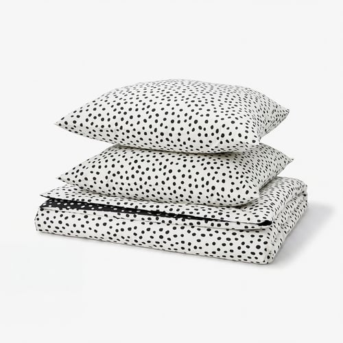 BJÖRKGRÅMAL duvet set, black dots on white, soft cotton-viscose, rectangular, stack of 3 pieces.