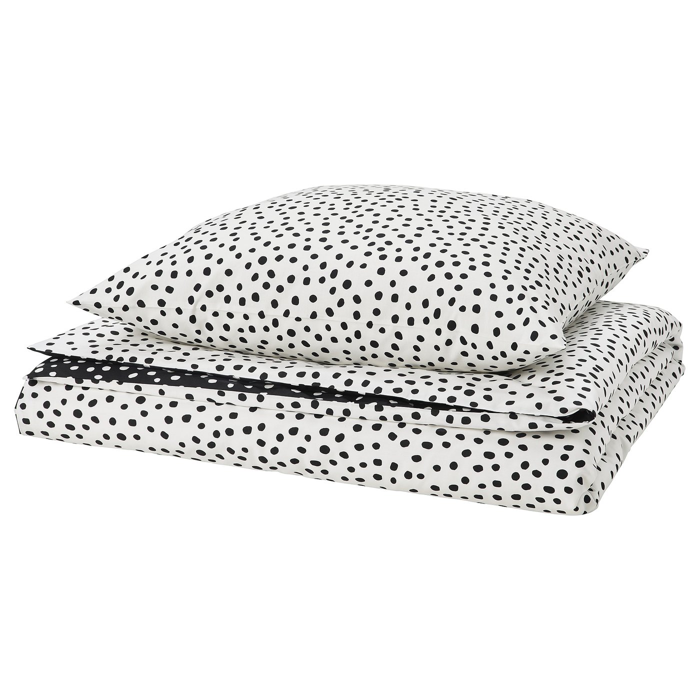 Bjorkgråmal duvet set, black dots on white, soft cotton-viscose, square pillows.