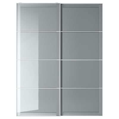 BJÖRNÖYA wardrobe: modern gray sliding doors with frosted glass panels and aluminum frame.
