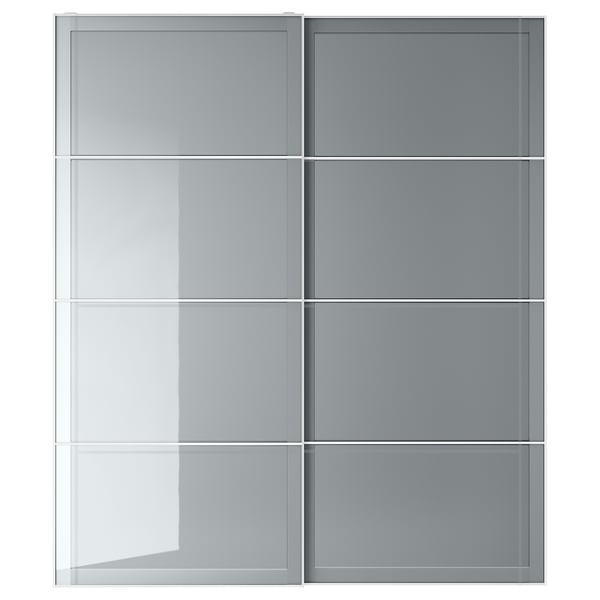BJÖRNÖYA grey glass wardrobe doors, frosted panels, aluminium frame with sliding rails.