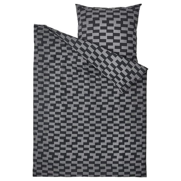 BLÅSKATA gray checkered bedding - duvet & pillowcase, soft cotton-viscose blend.