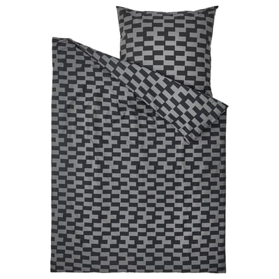 Black & grey geometric duvet set, square pillow, soft cotton-viscose, modern pixel design.