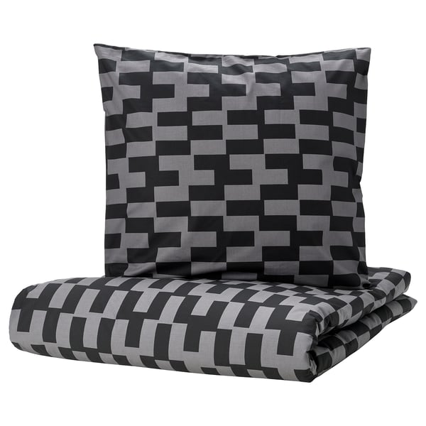 Black & grey geometric duvet set, square pillow, soft cotton-viscose, modern pixel design.