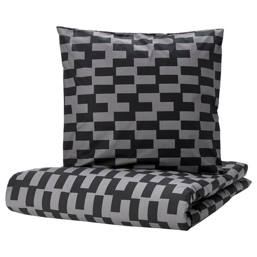 Black & grey geometric duvet set, square pillow, soft cotton-viscose, modern pixel design.