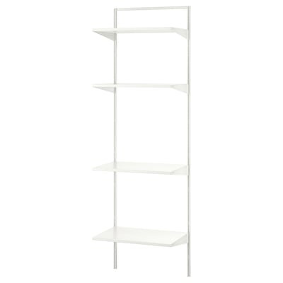 A white BOAXEL shelving unit with four tiers. The minimalist design metal frames and particleboard shelves, ideal for organizing various items.