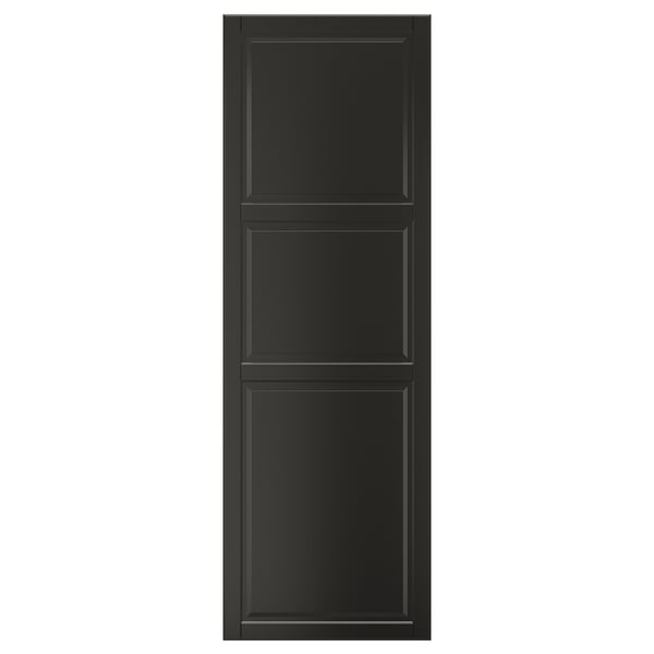 This image shows a black BODBYN cabinet door with a smooth, beveled panel design. Its rectangular and made of fibreboard with a polyurethane finish.