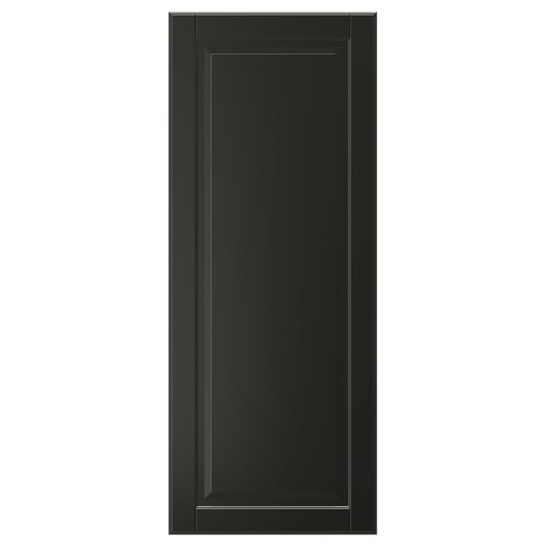 Black BODBYN cabinet door, rectangular with beveled panel, smooth lacquered finish.