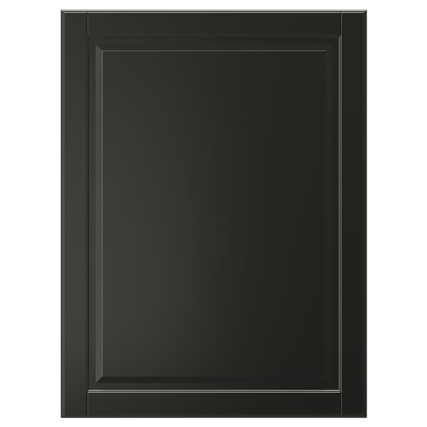 A black, rectangular BODBYN cabinet door with a smooth, lacquered finish and a classic bevelled panel design.
